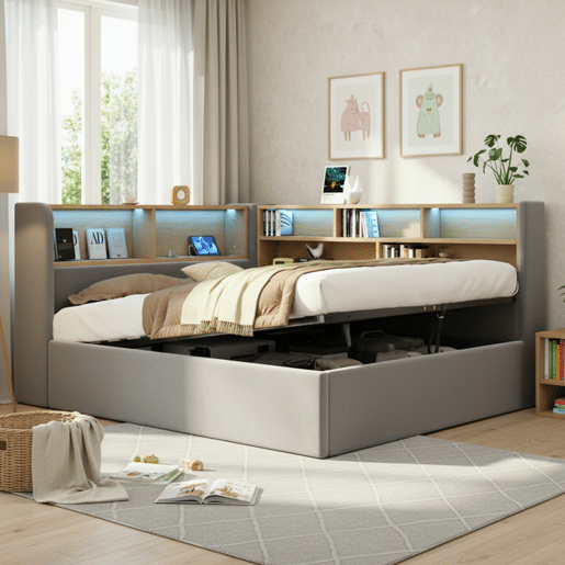 Cama de casal de veludo 140x200 cm com armazenamento e luz led,cinza