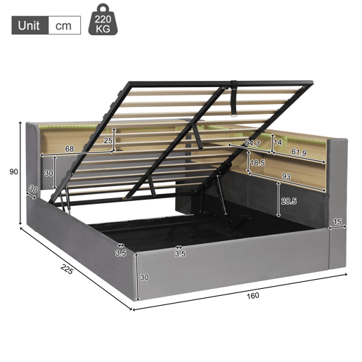 Cama de casal de veludo 140x200 cm com armazenamento e luz led,cinza