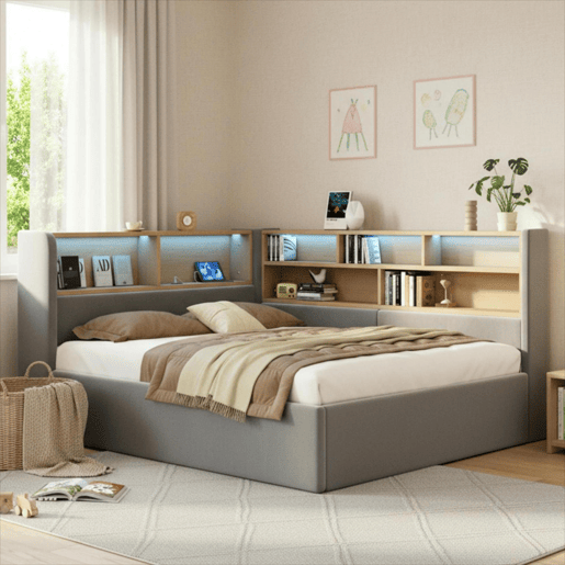 Cama de casal de veludo 140x200 cm com armazenamento e luz led,cinza