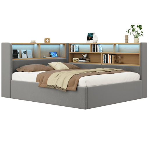 Cama de casal de veludo 140x200 cm com armazenamento e luz led,cinza