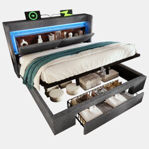 Cama de casal de linho 160x200 cm com armazenamento e luz led,cinza