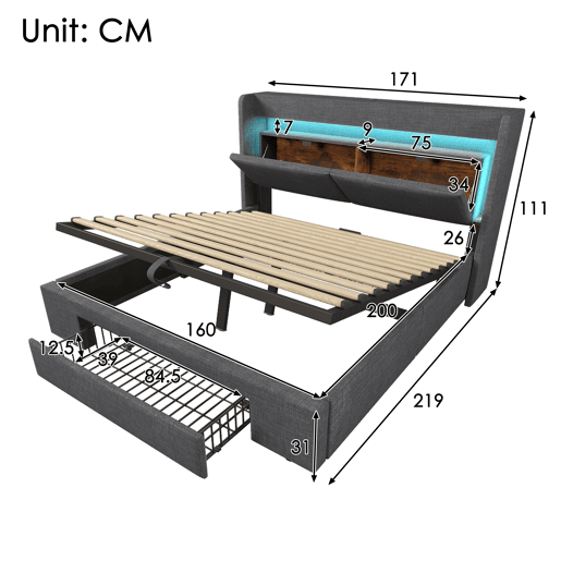 Cama de casal de linho 160x200 cm com armazenamento e luz led,cinza