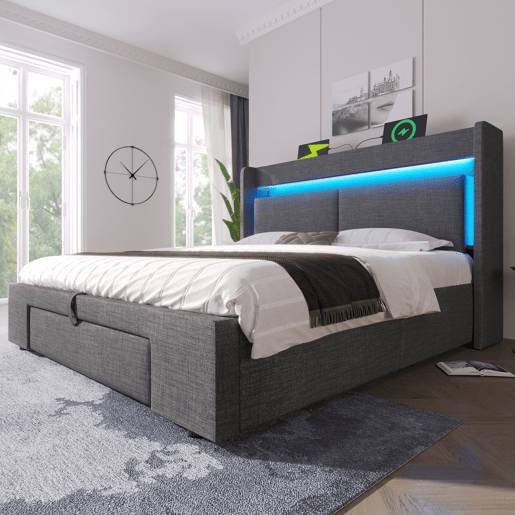 Cama de casal de linho 160x200 cm com armazenamento e luz led,cinza