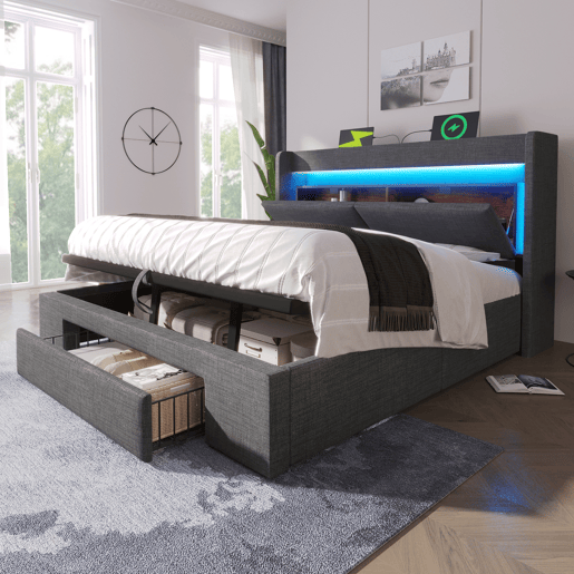 Cama de casal de linho 160x200 cm com armazenamento e luz led,cinza