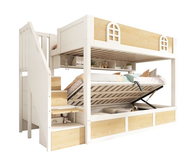 Litera infantil de madera maciza 90x200 cm,blanco+natural