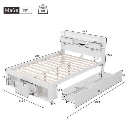 Cama juvenile,cama de casal de madeira de pinho 140x200 cm,branco