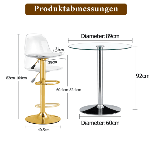 Conjunto Bar - Mesa de vidro de 89 cm + 2 bancos com pernas douradas - ajustável e giratório - Transparente