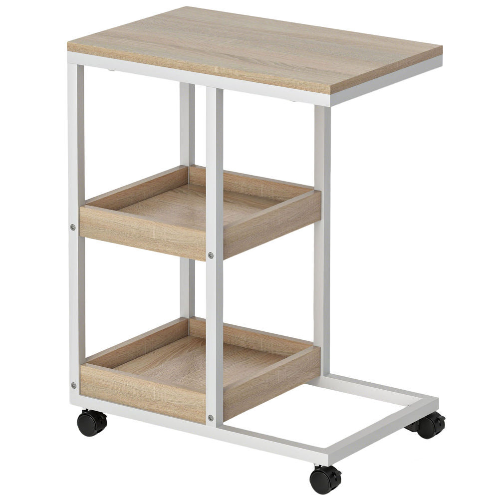 Homcom mesa auxiliar con ruedas mesa auxiliar para sofá en forma de c con 2 estantes abiertos, marco de acero, para salón, dormitorio, 51x33x66 cm, natural y blanco