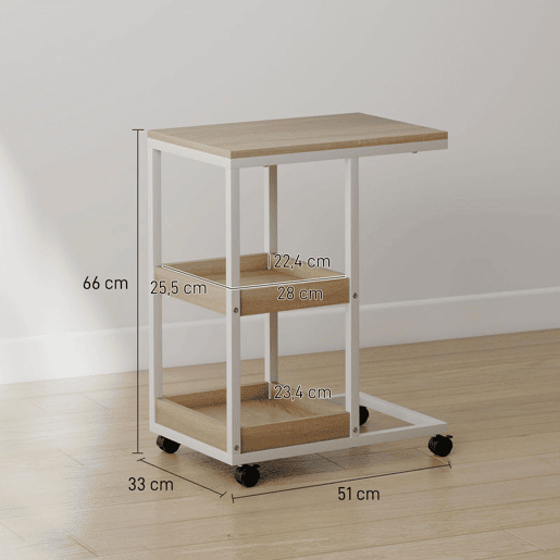 HOMCOM Mesa Auxiliar com Rodas em Forma de C com 2 Prateleiras Abertas Estrutura em Aço para Sala ou Quarto 51x33x66 cm Madeira e Branco