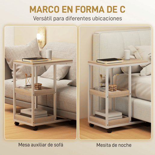 HOMCOM Mesa Auxiliar com Rodas em Forma de C com 2 Prateleiras Abertas Estrutura em Aço para Sala ou Quarto 51x33x66 cm Madeira e Branco