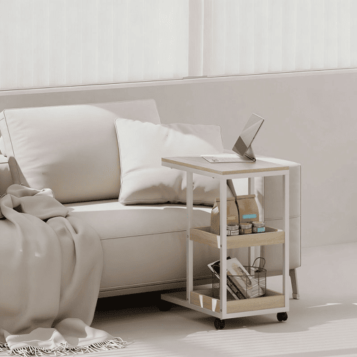 HOMCOM Mesa Auxiliar com Rodas em Forma de C com 2 Prateleiras Abertas Estrutura em Aço para Sala ou Quarto 51x33x66 cm Madeira e Branco