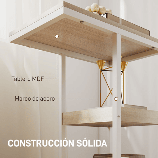 HOMCOM Mesa Auxiliar com Rodas em Forma de C com 2 Prateleiras Abertas Estrutura em Aço para Sala ou Quarto 51x33x66 cm Madeira e Branco