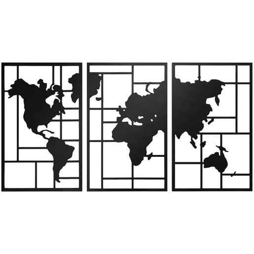 HOMCOM Decoração de Parede em Metal com Mapa Múndi Conjunto de 3 Peças Quadros de Parede Metálicos, para Sala Quarto Corredor Preto