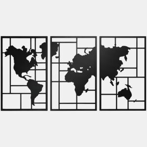 HOMCOM Decoração de Parede em Metal com Mapa Múndi Conjunto de 3 Peças Quadros de Parede Metálicos, para Sala Quarto Corredor Preto