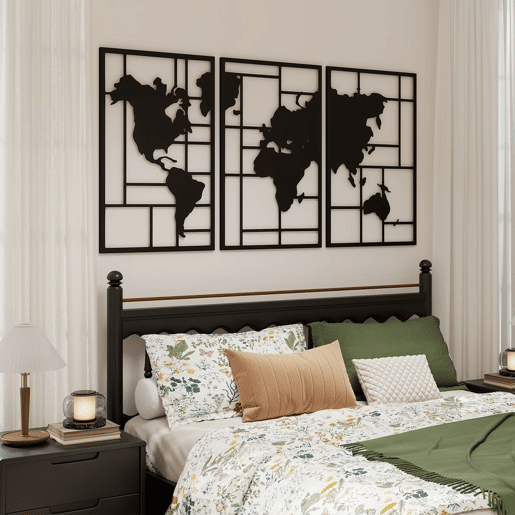 HOMCOM Decoração de Parede em Metal com Mapa Múndi Conjunto de 3 Peças Quadros de Parede Metálicos, para Sala Quarto Corredor Preto