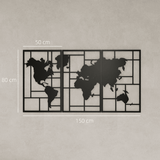 HOMCOM Decoração de Parede em Metal com Mapa Múndi Conjunto de 3 Peças Quadros de Parede Metálicos, para Sala Quarto Corredor Preto