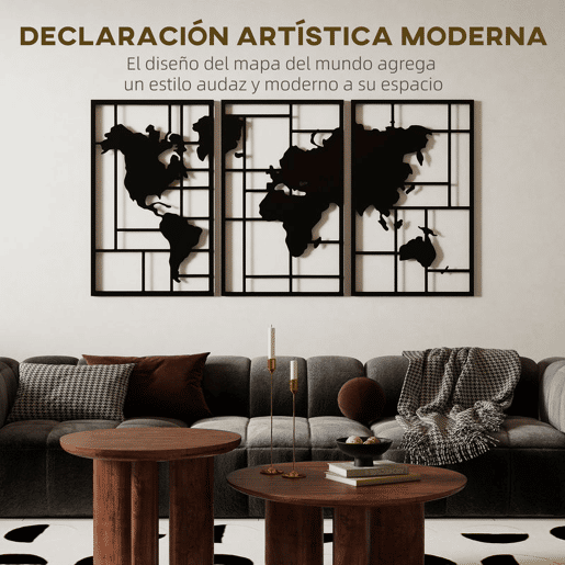 HOMCOM Decoração de Parede em Metal com Mapa Múndi Conjunto de 3 Peças Quadros de Parede Metálicos, para Sala Quarto Corredor Preto