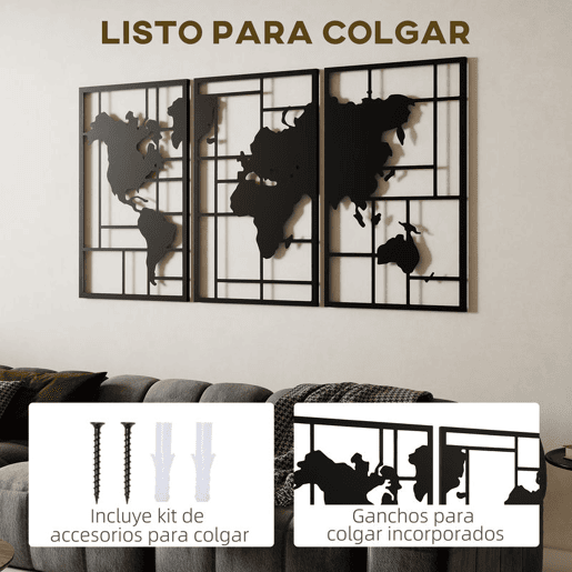 HOMCOM Decoração de Parede em Metal com Mapa Múndi Conjunto de 3 Peças Quadros de Parede Metálicos, para Sala Quarto Corredor Preto