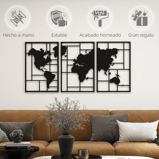 HOMCOM Decoração de Parede em Metal com Mapa Múndi Conjunto de 3 Peças Quadros de Parede Metálicos, para Sala Quarto Corredor Preto