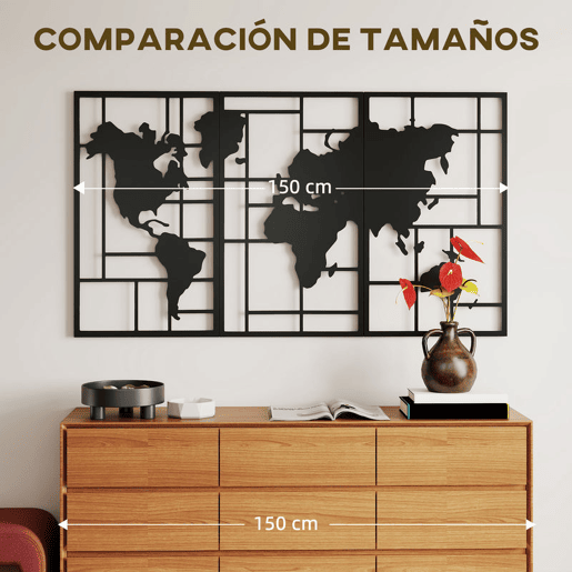 HOMCOM Decoração de Parede em Metal com Mapa Múndi Conjunto de 3 Peças Quadros de Parede Metálicos, para Sala Quarto Corredor Preto