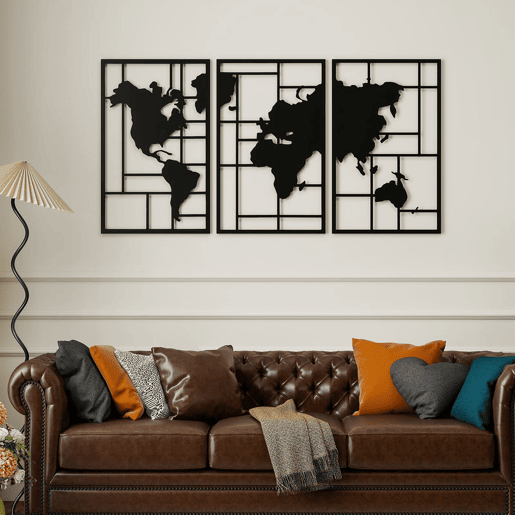 HOMCOM Decoração de Parede em Metal com Mapa Múndi Conjunto de 3 Peças Quadros de Parede Metálicos, para Sala Quarto Corredor Preto