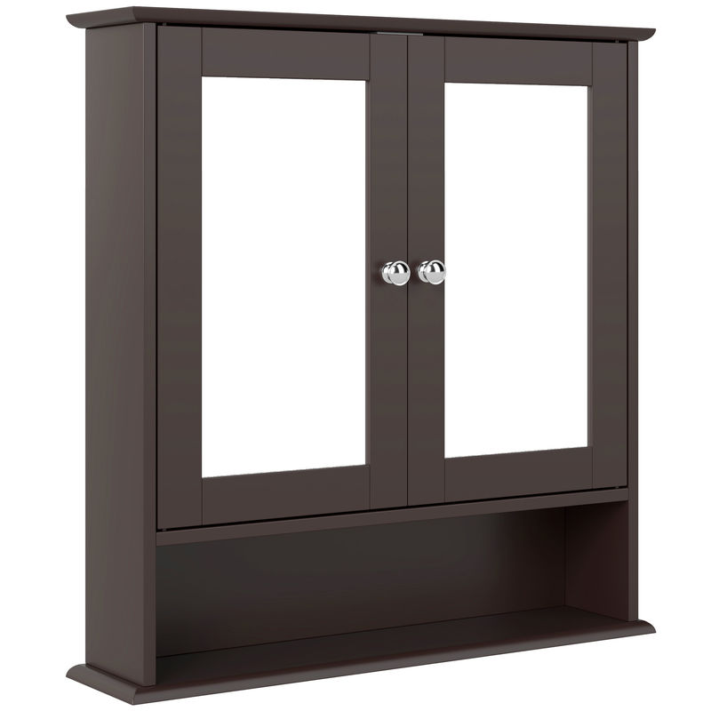 Kleankin armario de baño con espejo, armario de pared con 2 puertas, estante abierto, estante ajustable, mueble de baño colgar para cocina, salón, 56x13x58 cm, marrón oscuro