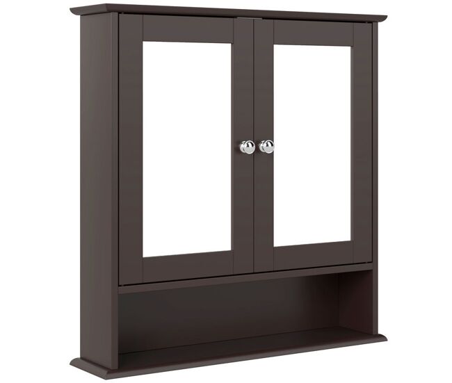 Kleankin armario de baño con espejo, armario de pared con 2 puertas, estante abierto, estante ajustable, mueble de baño colgar para cocina, salón, 56x13x58 cm, marrón oscuro