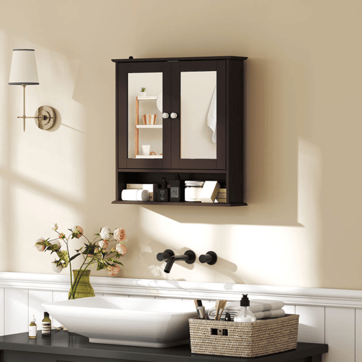 kleankin Armário de Casa de Banho com Espelho, Armário de Parede com 2 Portas, Prateleira Aberta e Ajustável, Móvel de Banho Suspenso para Cozinha e Sala, 56x13x58 cm, Castanho Escuro