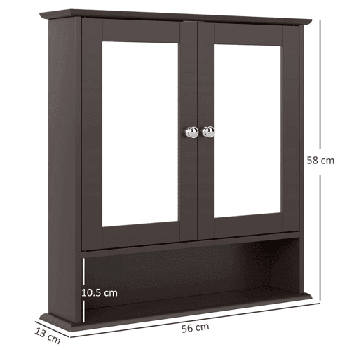 kleankin Armário de Casa de Banho com Espelho, Armário de Parede com 2 Portas, Prateleira Aberta e Ajustável, Móvel de Banho Suspenso para Cozinha e Sala, 56x13x58 cm, Castanho Escuro