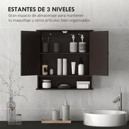 kleankin Armário de Casa de Banho com Espelho, Armário de Parede com 2 Portas, Prateleira Aberta e Ajustável, Móvel de Banho Suspenso para Cozinha e Sala, 56x13x58 cm, Castanho Escuro