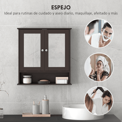kleankin Armário de Casa de Banho com Espelho, Armário de Parede com 2 Portas, Prateleira Aberta e Ajustável, Móvel de Banho Suspenso para Cozinha e Sala, 56x13x58 cm, Castanho Escuro