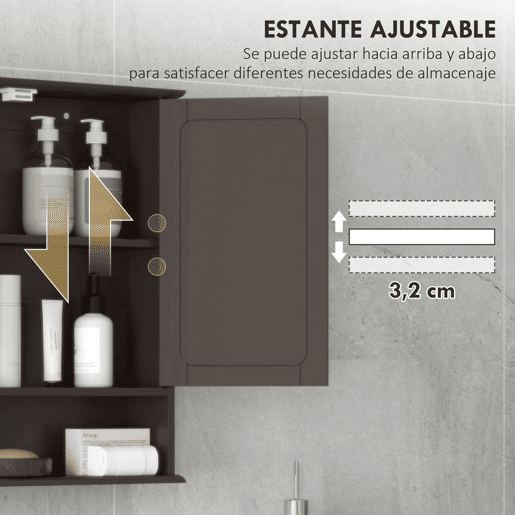 kleankin Armário de Casa de Banho com Espelho, Armário de Parede com 2 Portas, Prateleira Aberta e Ajustável, Móvel de Banho Suspenso para Cozinha e Sala, 56x13x58 cm, Castanho Escuro