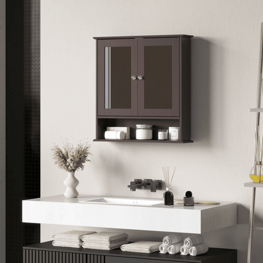 kleankin Armário de Casa de Banho com Espelho, Armário de Parede com 2 Portas, Prateleira Aberta e Ajustável, Móvel de Banho Suspenso para Cozinha e Sala, 56x13x58 cm, Castanho Escuro