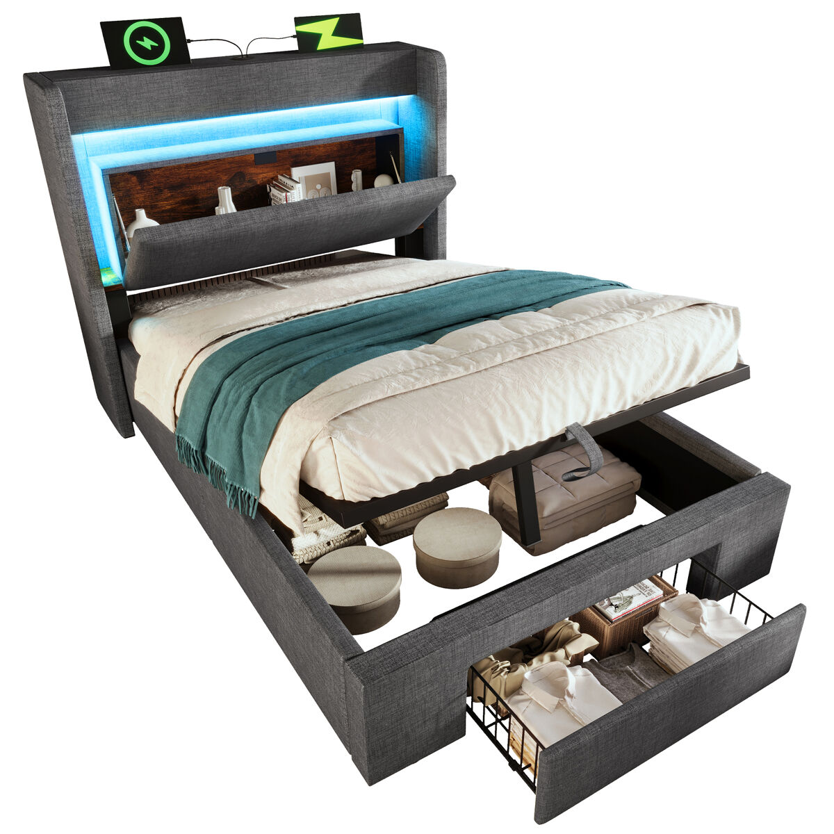 Cama individual de lino 90x200 cm con almacenaje y luz led,gris