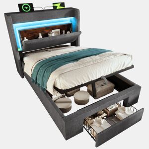 Cama de solteiro de linho 90x200 cm com armazenamento e luz led,cinza