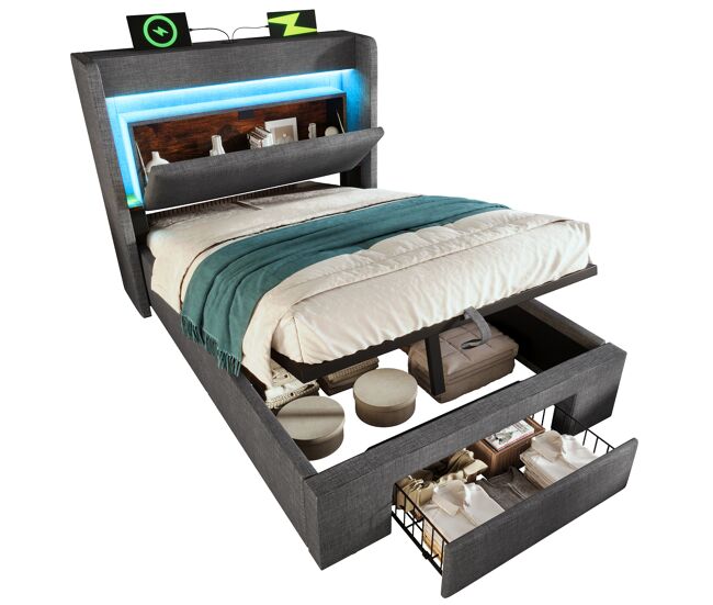 Cama individual de lino 90x200 cm con almacenaje y luz led,gris