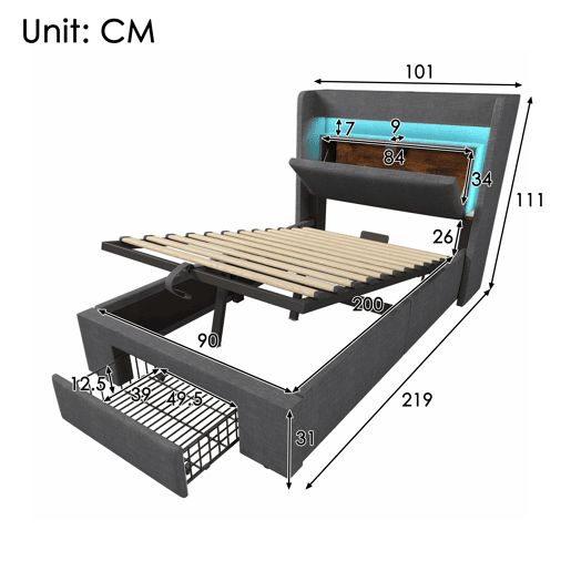 Cama de solteiro de linho 90x200 cm com armazenamento e luz led,cinza