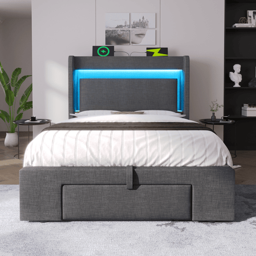 Cama de solteiro de linho 90x200 cm com armazenamento e luz led,cinza
