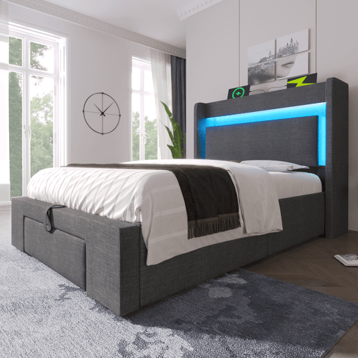 Cama de solteiro de linho 90x200 cm com armazenamento e luz led,cinza