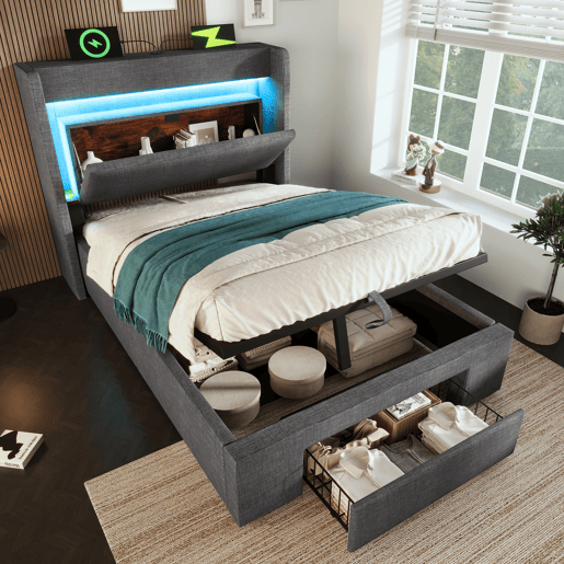 Cama de solteiro de linho 90x200 cm com armazenamento e luz led,cinza