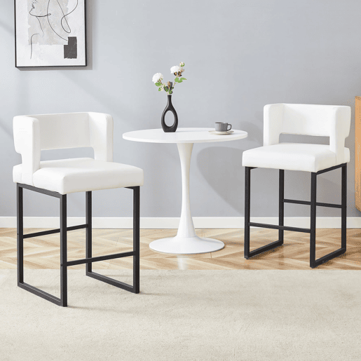 Cadeiras de bar 2 unidades - estilo nórdico, design quadrado, pernas metálicas pretas - Branco+Preto
