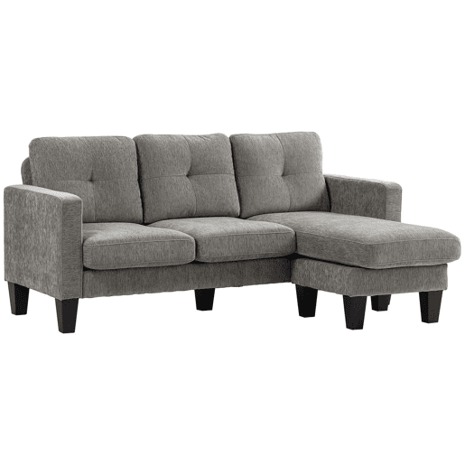 HOMCOM Sofá Chaise Longue Sofá em Forma de L Estofado em Poliéster Sofá de Canto Reversível com 3 Almofadas e Pés de Madeira para Sala de Estar Carga Máxima 180 kg 186x130x84 cm Marrom Acizentado