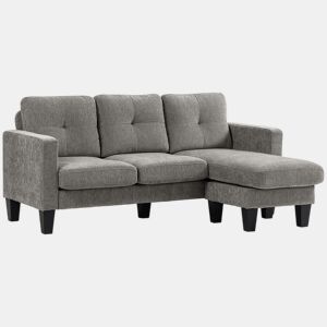 HOMCOM Sofá Chaise Longue Sofá em Forma de L Estofado em Poliéster Sofá de Canto Reversível com 3 Almofadas e Pés de Madeira para Sala de Estar Carga Máxima 180 kg 186x130x84 cm Marrom Acizentado