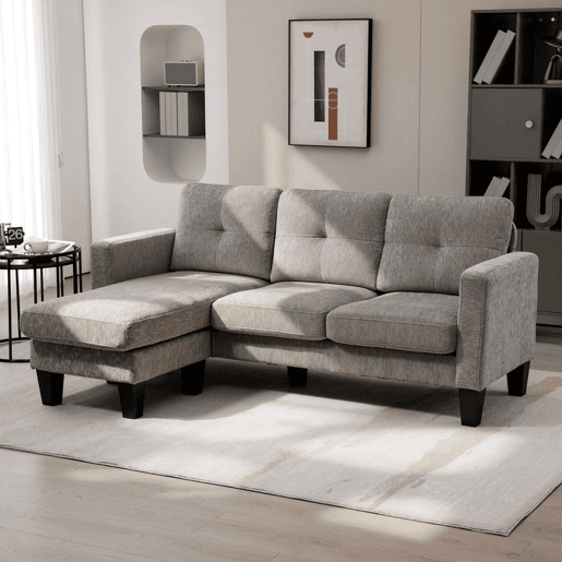 HOMCOM Sofá Chaise Longue Sofá em Forma de L Estofado em Poliéster Sofá de Canto Reversível com 3 Almofadas e Pés de Madeira para Sala de Estar Carga Máxima 180 kg 186x130x84 cm Marrom Acizentado