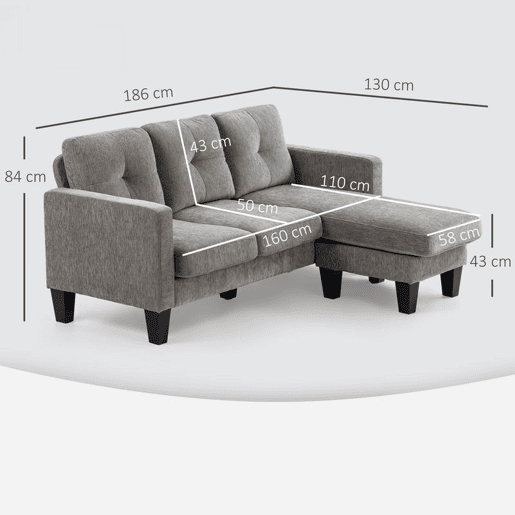 HOMCOM Sofá Chaise Longue Sofá em Forma de L Estofado em Poliéster Sofá de Canto Reversível com 3 Almofadas e Pés de Madeira para Sala de Estar Carga Máxima 180 kg 186x130x84 cm Marrom Acizentado