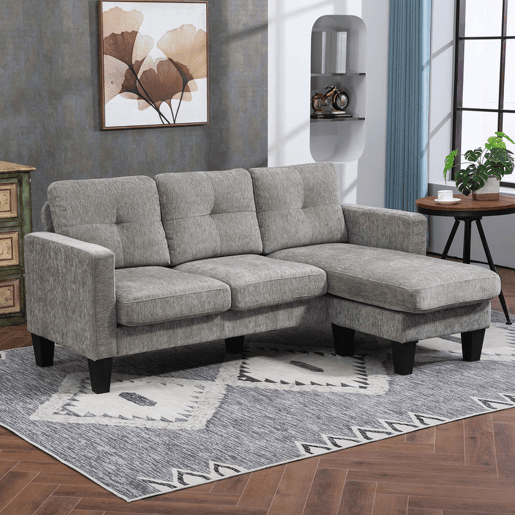 HOMCOM Sofá Chaise Longue Sofá em Forma de L Estofado em Poliéster Sofá de Canto Reversível com 3 Almofadas e Pés de Madeira para Sala de Estar Carga Máxima 180 kg 186x130x84 cm Marrom Acizentado