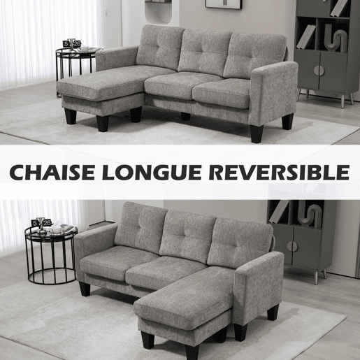 HOMCOM Sofá Chaise Longue Sofá em Forma de L Estofado em Poliéster Sofá de Canto Reversível com 3 Almofadas e Pés de Madeira para Sala de Estar Carga Máxima 180 kg 186x130x84 cm Marrom Acizentado