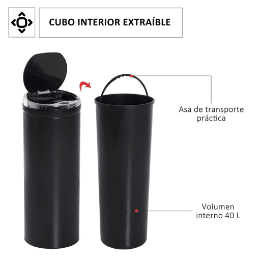 HOMCOM Balde do Lixo Automático 50L Lixeira de Cozinha com Sensor de Movimento Tampa de Fecho Suave e Silencioso Estrutura em Aço Inoxidável para Sala de Jantar Escritório Preto