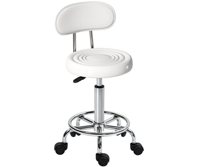 Homcom taburete giratorio con ruedas y respaldo taburete de trabajo con altura regulable 70-86 cm asiento tapizado de cuero sintético blanco