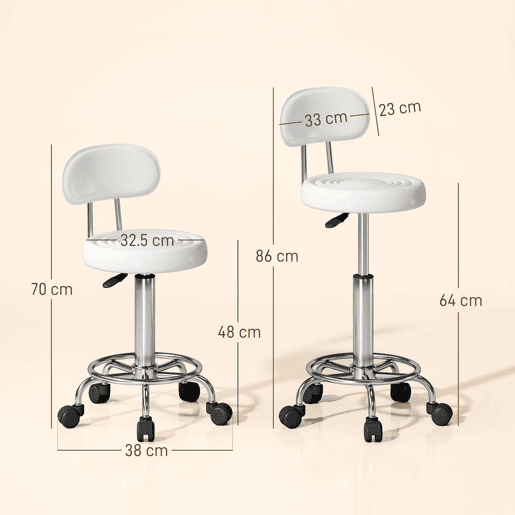 HOMCOM Banco Giratório com Rodas e Encosto Banco de Trabalho com Altura Ajustável 70-86 cm Banco Estofado em Couro Sintético Branco